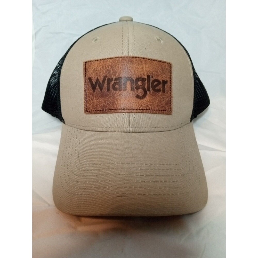 Wrangler Leather Logo Patch Khaki Meshback Trucker Hat Snapback Cap